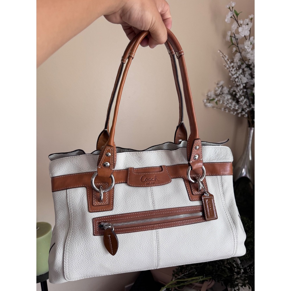 Coach Chelsea White Pebbled Leather Satchel Bag Tan Trim F14682